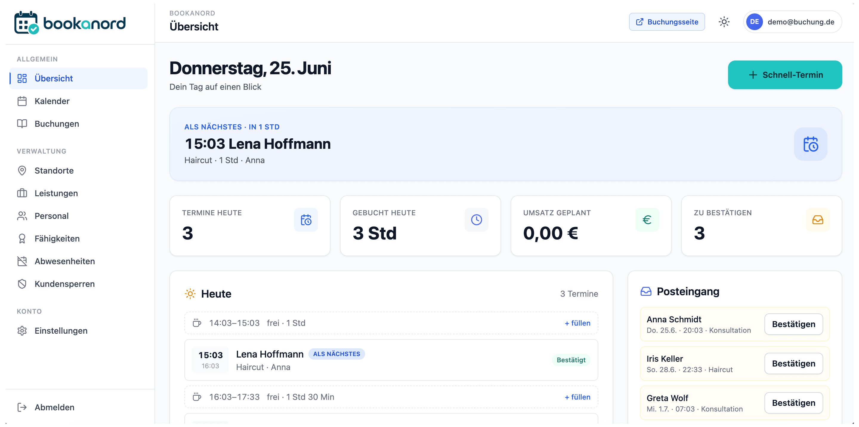 Bookanord Dashboard – Tagesübersicht mit Terminen, Auslastung und Posteingang