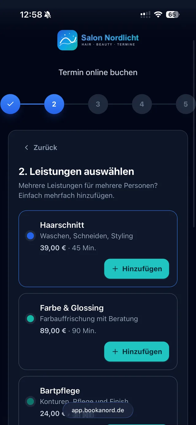 Mobile Bookanord-Buchung – Leistungen auswählen